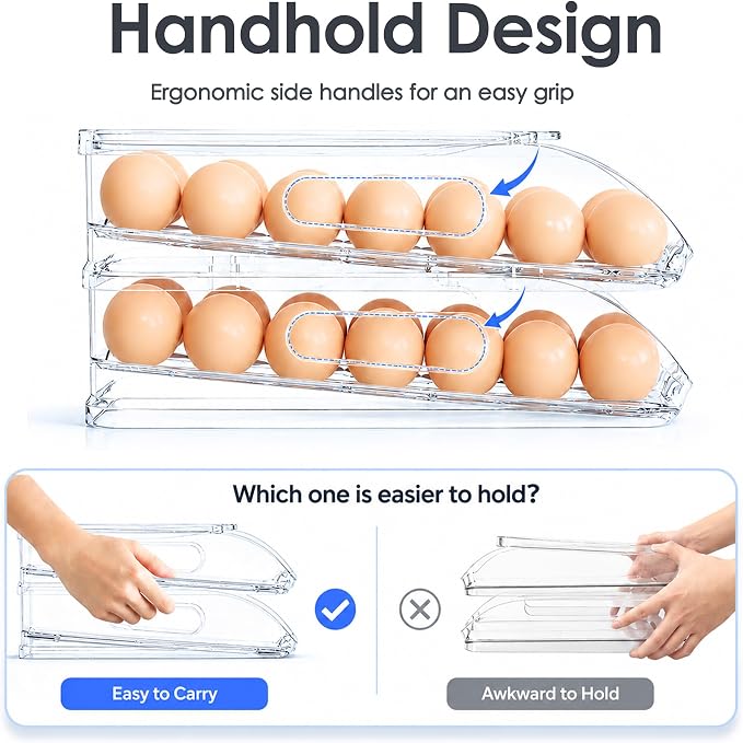 SMRCAD 24-Egg Dispenser with Silicone Bumpers, Auto-Rolling, Stackable | BPA-free food-grade PET | Stackable with lid | Built-in handle | Fits Large to Jumbo Eggs | Hand wash only