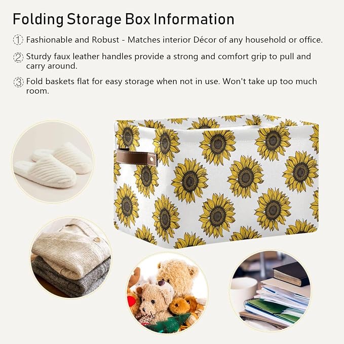 Foldable Storage Baskets Set of 2, Meadow Sunflower Storage Bins with Handles, Decorative Cloth Organizer Storage Boxes for Home|Office 15 x 11 x 9.5 in