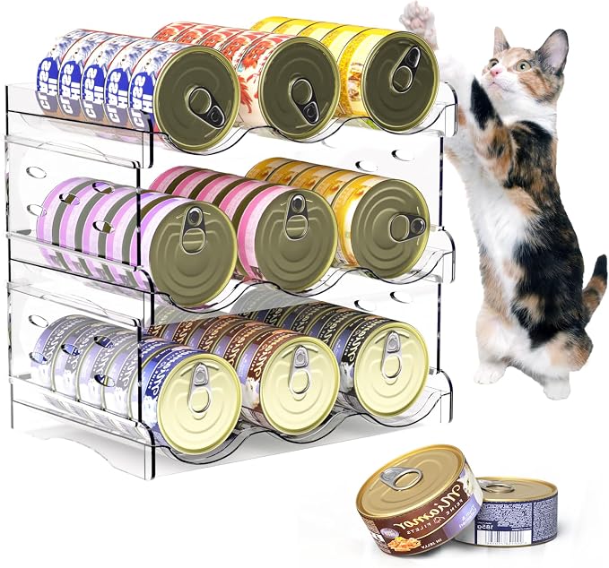 Flenpptly Cat Food Can Organizer, 3-Tier Cat Food Organizer | Transparent Can Organizer for Pantry, Canned Food Organizer Holds 45 (3oz) Cans, Pantry can Organizer (2-Tier 3-Can)