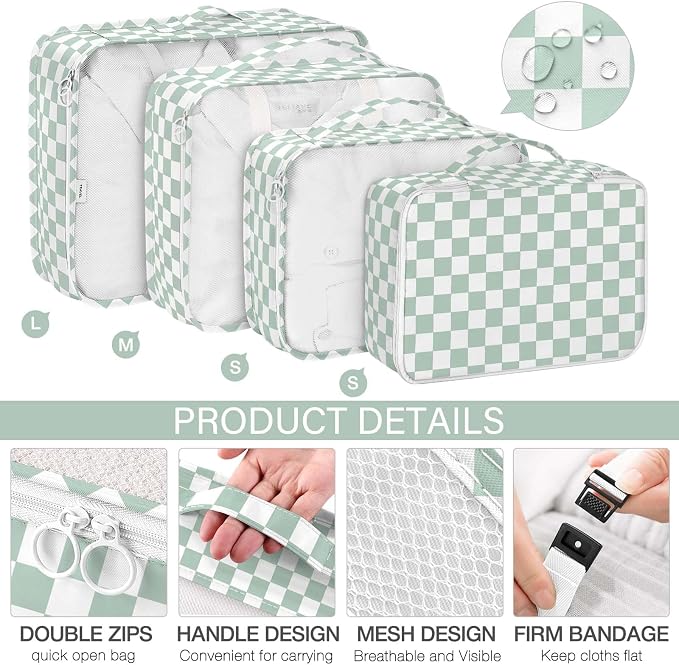 KPX 8 Set Packing Cubes for Travel, Luggage Packing Organizers Accessories Large Toiletries Bag for Clothes Shoes Cosmetics (8Set-Green Checkered)