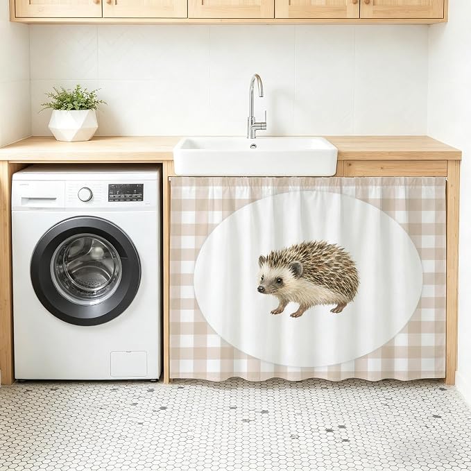 Hedgehog Oven Skirt Curtain for Kitchen Decor 28"x35", Modern Farmhouse Linen Checked Animal Self Adhesive Stove Curtains Skirt Cabinet Curtains for Bathroom Laundry Room