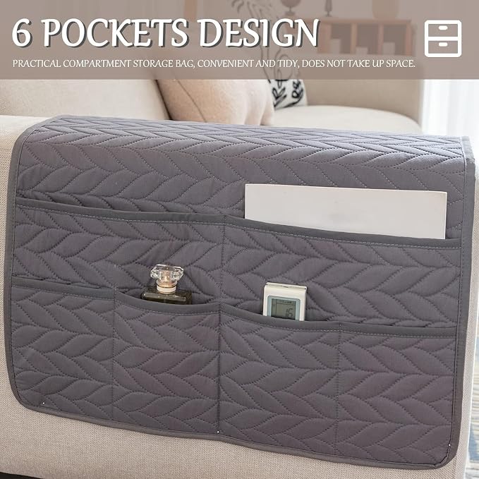 Sofa Armrest Organizer Waterproof Armchair Caddy for Couch Holder Recliner Non Slip with 6 Pockets Magazine Covers Chairs Sofas Arm Twist Pin Furniture Protector Slipcovers(Dark Gray)