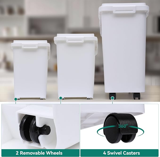 YITAHOME Ingredient Storage Bin, 20.6 Gal(11.4+5.8+3.4 Gal) Commercial Rice Flour Storage Container 500 Cups Storage Bins with Wheels Shelf-storage Bin with Scoop and Lid, Rice Bin for Kitchen, White