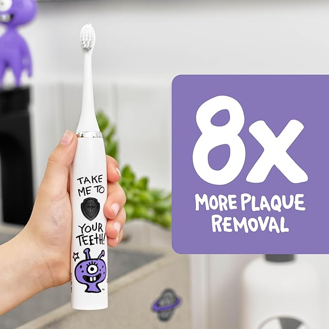 Made by Dentists Kids Electric Toothbrush - Rechargeable Vibrating Toothbrush with Timer, Includes 6 Replacement Heads, Gently Cleans Teeth, Kid & Toddlers Age 2+, Alien