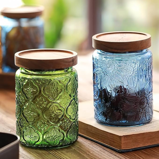 2 Pack Vintage Glass Storage Jars, 23.7 oz Green & Blue Sunflower Canisters | Airtight lids, kitchen organization, coffee beans, tea, sugar, candy, oatmeal, flour, cookies, pet treats, laundry detergent