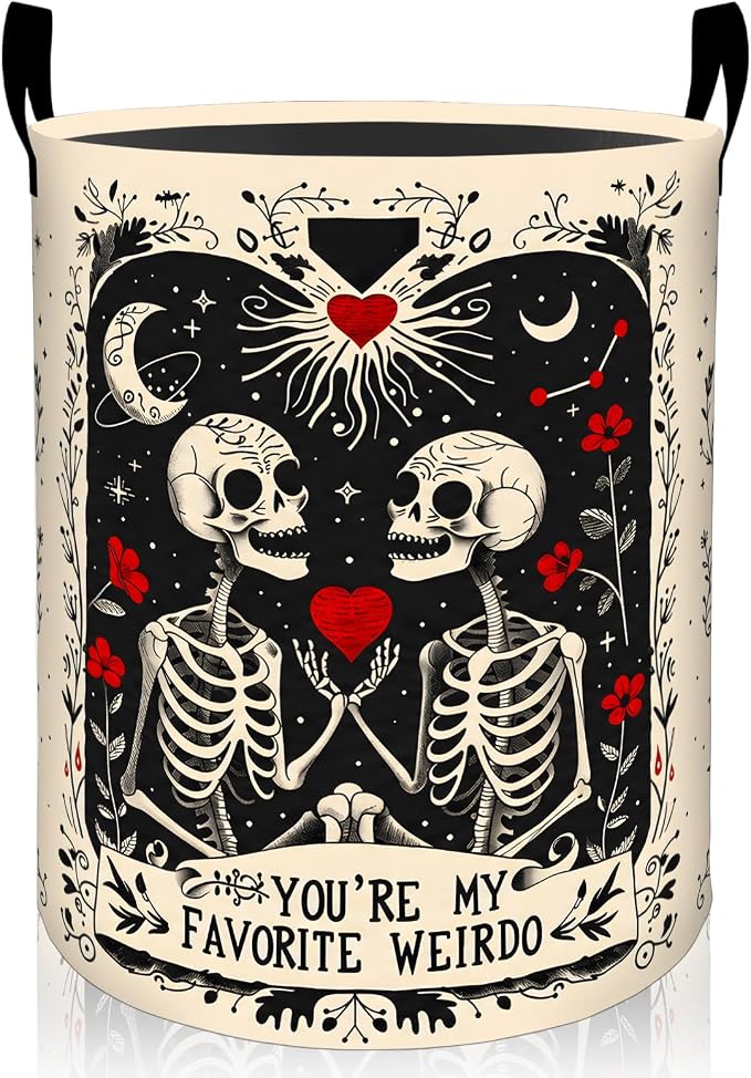 Gothic Skull Laundry Basket, Skeleton Couple Foldable Oxford Cloth, Waterproof Dirty Clothes Hamper with Handles, Clothing Storage Bin Toy Organizer for Bedroom Dorm Bathroom, 19.7"x15.7"