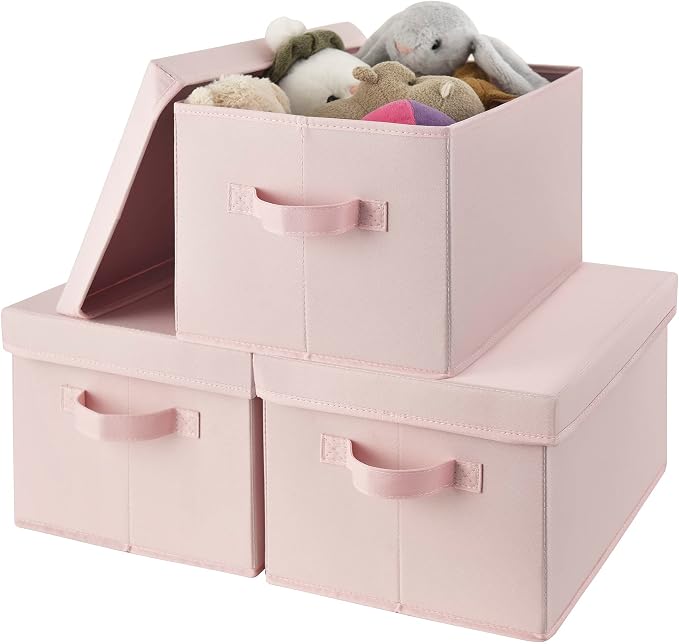 GRANNY SAYS Storage Bins with Lids, Decorative Storage Boxes with Lids | Storage Box with Dust Cover, Handles & Lable, Collapsible, Ideal for Closet Clothes Blanket Toys, Medium, Pink, 3-Pack