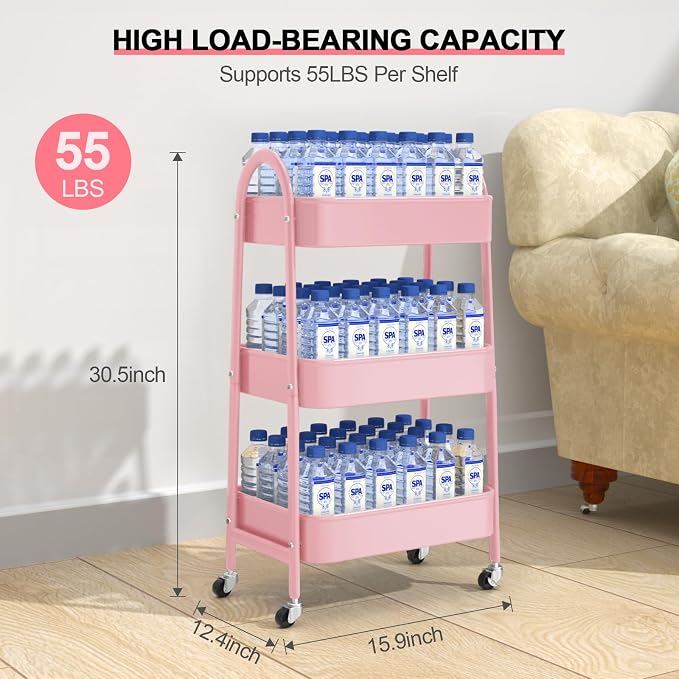 3 Tier Utility Rolling Cart, Metal Storage Cart with Handle and Lockable Wheels, Multifunctional Storage Organizer Trolley with Mesh Baskets for Kitchen, Living Room, Office, Garage (Pink)