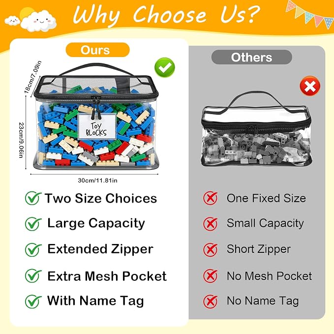 6 Pack Large Toy Storage Bags, Clear Toy Organizer with Labels Ages 3+ | Waterproof PVC Toy Organization and Storage, Suitable for Storing Building Blocks, Puzzles, Dolls and Board Games