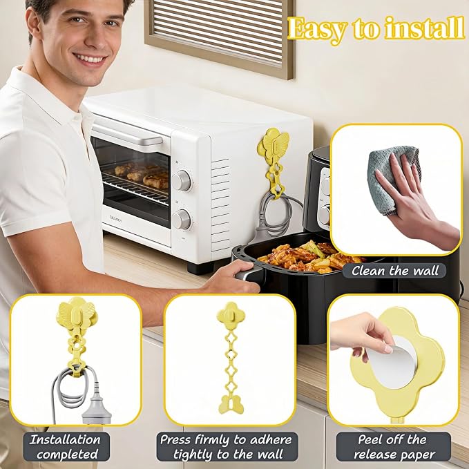 2-in-1 Cord Wrap and Cable Organizer with No-Trace Adhesive, TPR, Set of 3, Pink, Yellow, White, for Kitchen, Bathroom, Living Room