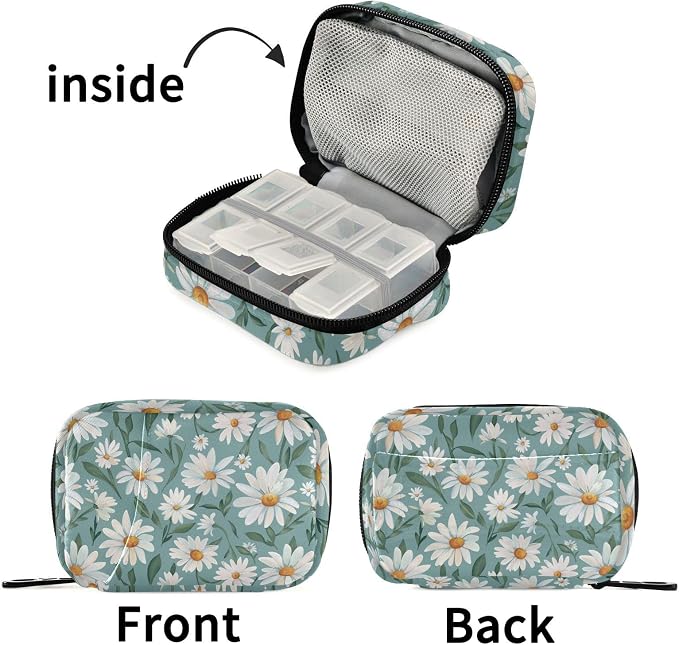Fustylead Beautiful Daisy Flowers and Leaves Pill Organizer for Purse, Weekly Portable Pill Box with Zipper to Storage Vitamins Fish Oils Medications Supplements