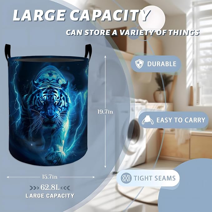 Majestic Tiger with Blue Lightning Strikes Laundry Basket with Handles, 19.7"x15.7" Clothes Foldable Laundry Hamper Organizer for Dorm Nursery Bedroom Bathroom Decor, Toy Storage Bin for Kids