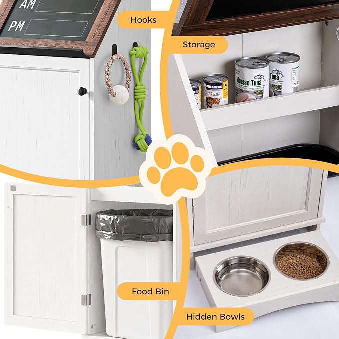 Dog Food Feeding Station Storage with Bowls, Pet Food Storage Cabinet with Flip-Top Blackboard, Hidden Trash Can, Pet Organizer Cabinet for Dog and Cat