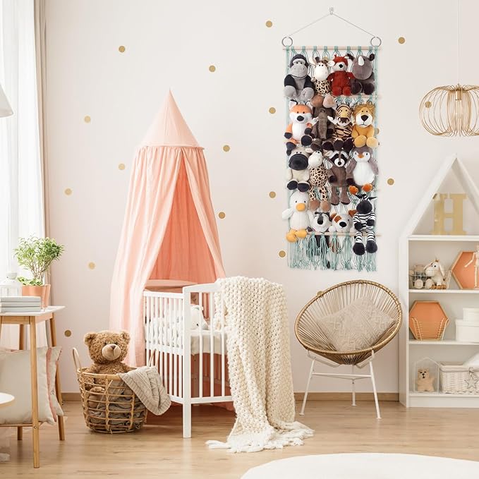 Stuffed Animal Net or Hammock Large Plushie Net Corner 4 Layer Toy Storage | Handmade Stuffed Animal Hammock Net with Boho Macrame Design Corner Organized Saves Space Holder Hanging for Plush Toys Green