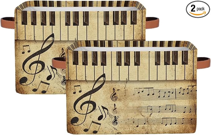 AUUXVA Vintage Storage Baskets Music Note Storage Bins Piano Key Storage Cube Box Collapsible Canvas Book Basket Organizer Bin with Handles for Shelf Closet Bedroom Home Office, 2 Pcs