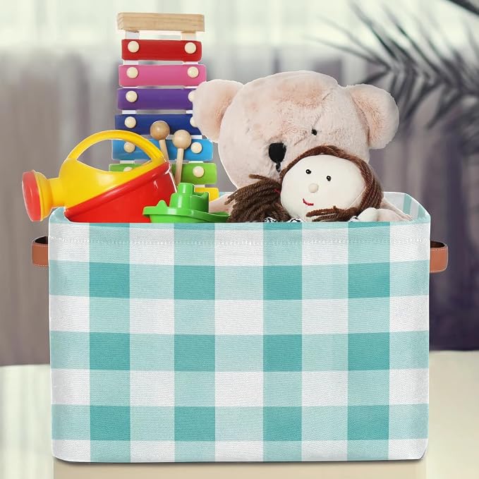 Teal Gingham Storage Boxes Theme Storage Nursery Baskets with Handle Closet Collapsible Organizer Shelf Bins for Book Cloth 15X11X9.5 IN