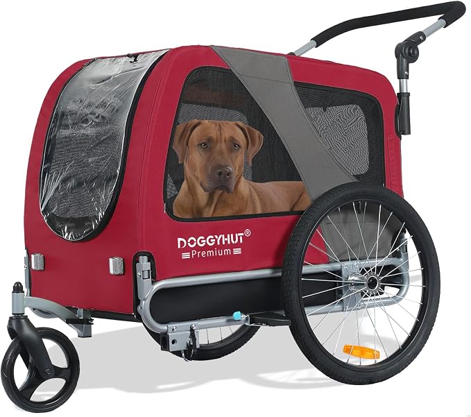 DOGGYHUT® Premium Large Pet Bike Trailer & Stroller Up to 77 lbs (Red) | Bicycle Trailer for Small Medium or Large Dogs, Dog Bicycle Carrier, Low Center of Gravity, Folding Frame Cart