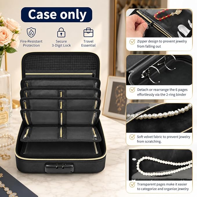 Fireproof Travel Jewelry Organizer Case with Lock & 6 Binder Pages | Silicone-Coated Fiberglass, Tangle-Reducing Layout，Clear Storage Book for Necklaces, Earrings, Rings & Bracelets-Bag Only