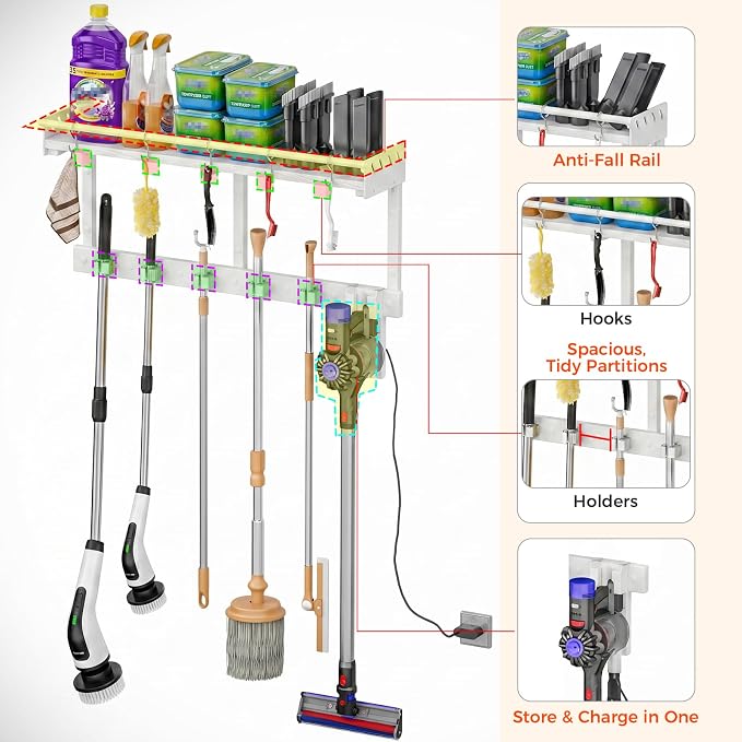 Broom Holder Wall Mount with Shelf,Broom Hanger,3 in 1 Broom and Mop Organizer Wall Hanging for Laundry,Garage,Utility,Broom Rack,Vacuum Stand Alternative,Cleaning Supplies Organizer Storage,White,L
