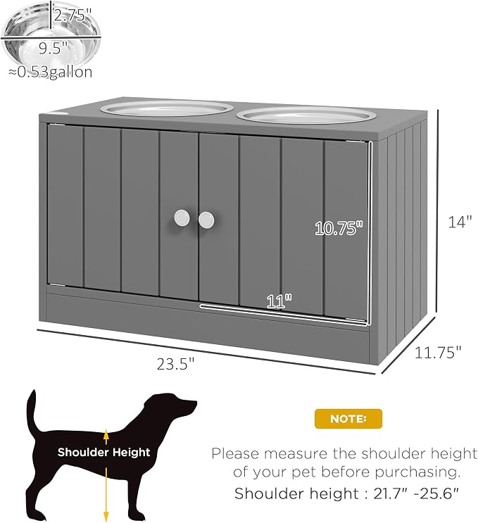 PawHut Large Elevated Dog Bowls with Storage Cabinet 44L Capacity Gray | Raised Dog Bowl Stand, Pet Feeding Station