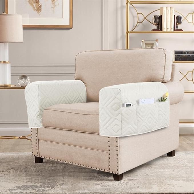 2Pcs Armrest Chair Covers for Sofa Waterproof Couch Arm Covers Armchair Covers for Arms Sofa Arm Covers Sofa Armrest Organizer for Magazine,Tablet,Phone (Ivory)