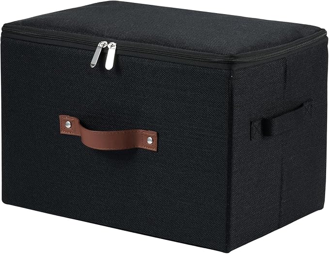 Storage Bins with Zipper Lids Decorative Lidded Baskets Boxes | Clothes Container, Closet Shelf Organizer, Foldable Washable, Cotton Linen Fabric, w/ PU Leather Handles, Black, Large