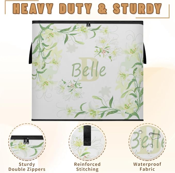 Custom Storage Baskets Cubes for Home with Name, Initial letter Large Foldable Organizer Storage Bins for Home Blanket Comforters Clothes Closet Nursery, Light Yellow Lily Floral