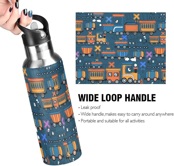 Railway Train Cartoon Water Bottle with Straw Lid Kids Insulated Stainless Steel Water Flask Sports, 20 Oz Hot Cold