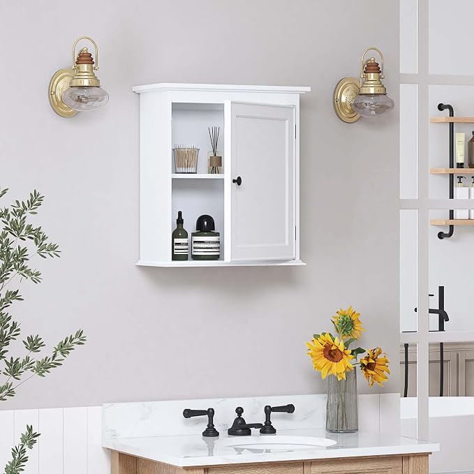 Spirich Small Medicine Cabinet, Bathroom Wall Cabinet Over Toilet, White | FSC-Certified MDF, Single Door, Adjustable Shelf, Compact Hidden Storage for Bathroom, Kitchen or Laundry