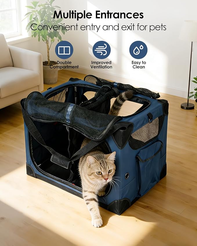 Extra Large 2-Cat Foldable Pet Travel Carrier,24"x17"x17",Blue | Removable Divider, Metal Frame Support, Breathable Mesh Panels, With Storage Tote & Padded Straps