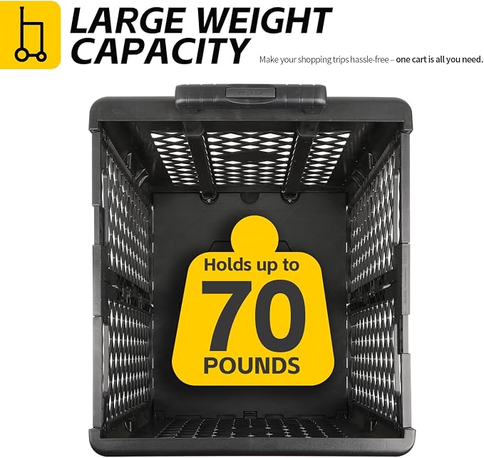 MaxWorks Foldable Rolling Utility Cart, Collapsible Hand Dolly with Telescoping Handle, 70 lbs Capacity, Lightweight Plastic Storage Crate, 16.5" x 15" x 39", No Assembly Needed