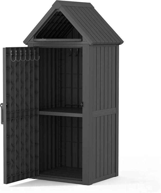 Vertical Outdoor Storage Shed, Waterproof Resin Outdoor Storage Cabinet with Removable Shelves & 12 Hooks, Lockable Small Tool Shed for Garden, Backyard, Patio, Pool, Classic Black