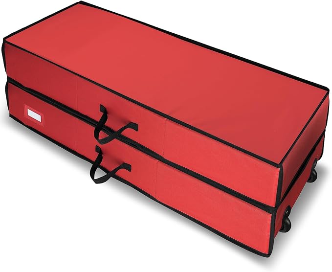 Hearth & Harbor Wrapping Paper Storage Container with Ribbon Dispenser and Interior Pockets - Large Christmas Storage Containers with Wheels, Fits 30 Rolls of 40" Length, Red