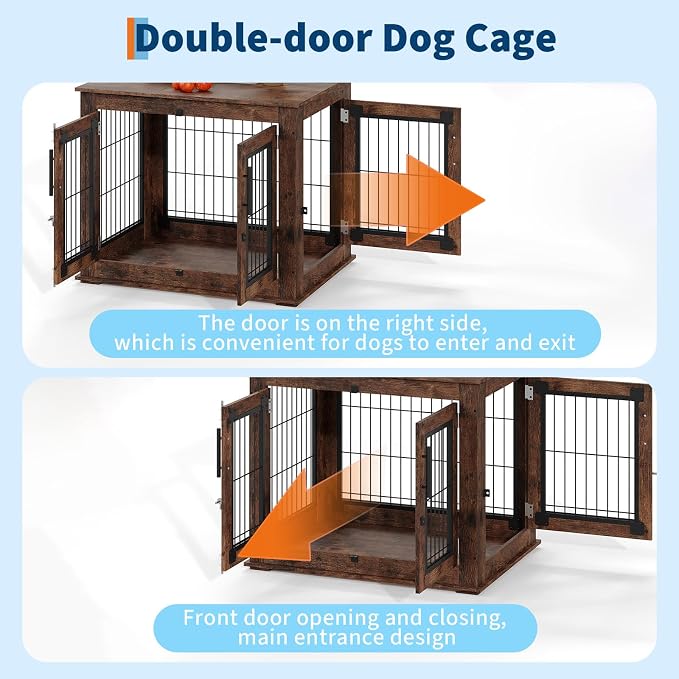 Farmhouse Dog Crate Furniture End Table - Heavy Duty Wooden Kennel Cabinet with Double Doors for Small/Medium Dogs, Rustic Brown Indoor Dog House Furniture Console for Living Room