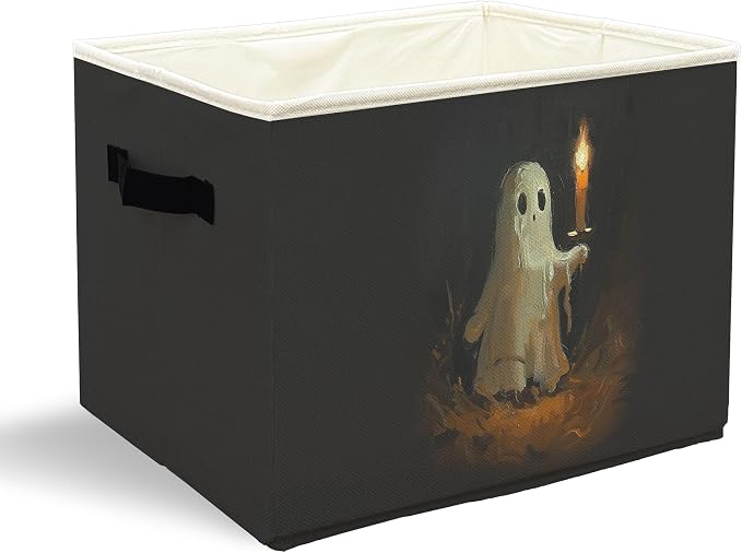 Halloween Ghost Storage Bins with Handles, Halloween Room Decor, Cute Spooky Ghost Candle Collapsible Laundry Basket Storage Box for Home Bedroom Bathroom Clothes Toys Books