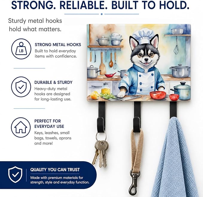 Caroline's Treasures Alaskan Klee Kai The Chef Leash or Key Holder Wall Hooks, Key Hooks Holder, Coat Rack Wall Mount, Coat Hooks, Hooks for Hanging Keys, Towels, Aprons, Leashes | Alaskan Klee Kai The Chef artwork on ceramic tile with three steel hook...