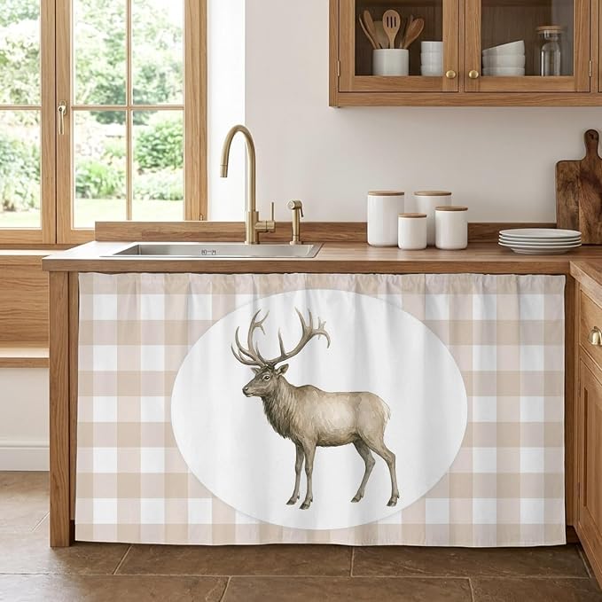 Majestic Buck Sink Skirt for Bathroom, Self-Adhesive Under Sink Curtain, Modern Natural Buck Rustic Farmhouse Plaid Hide Pipes & Storage Fabric Cabinet Skirt Cover for Kitchen Laundry 32"x55"