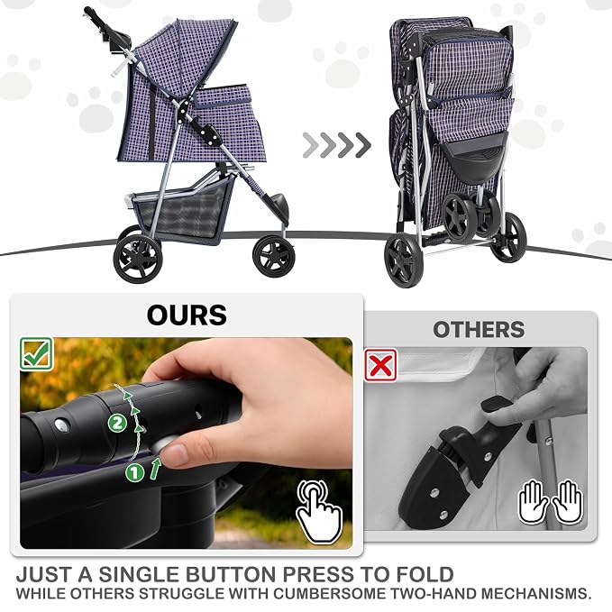 MoNiBloom Pet Stroller for Small/Medium Dogs and Cats up to 33 lbs, Plaid | Foldable Dog Stroller 3 Wheels Pet Strolling Cart w/ Storage Basket Cup Holder, Breathable and Visible Mesh for All-Season