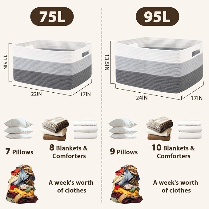 Optish 75L Large Woven Blanket Basket, Storage Basket with Handles | Sturdy Cotton Rope Basket Organizer Blanket, a lot of Toys, Comforter, Pillows, Bedroom, Living Room, Bathroom, Easy to Carry