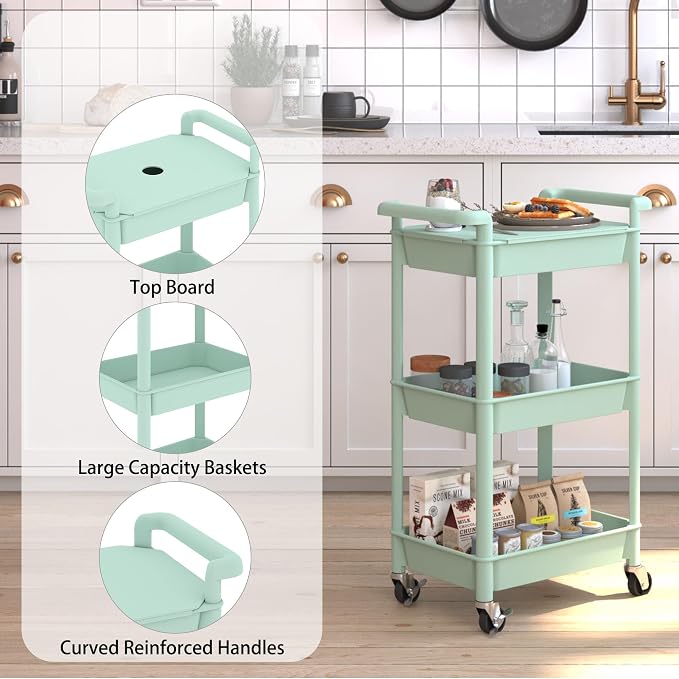 Steehoom 3-Tier Utility Rolling Cart with Cover Top Board, Mobile Utility Cart with Lockable Casters Multi-Functional Storage Trolley for Office, Bathroom, Kitchen, Garden, Laundry Room (Green)