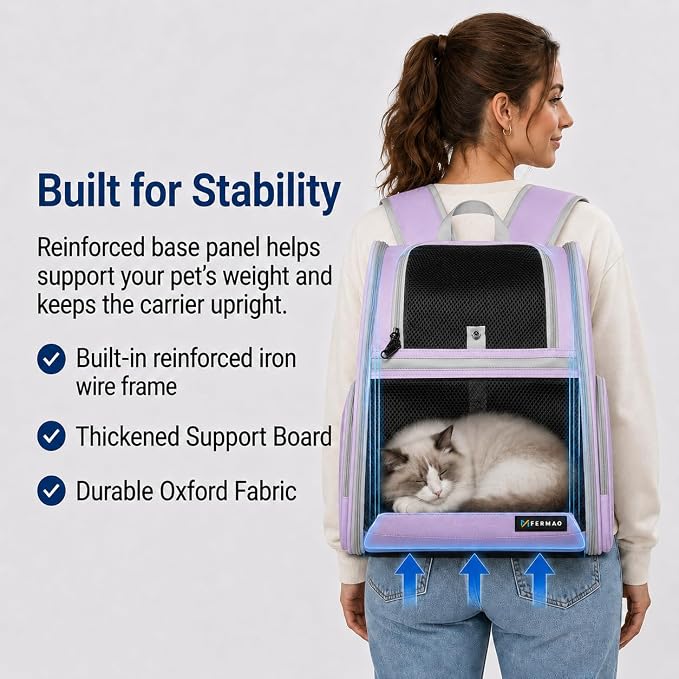 Cat Backpack Carrier for Small Dogs and Medium cat Puppy Kitten Bunny Pet Carrier Backpack Collapsible with Fully Ventilated Mesh with Safety Leash (Purple, 12.9" L x 10.62" W x 15.5" H - M)