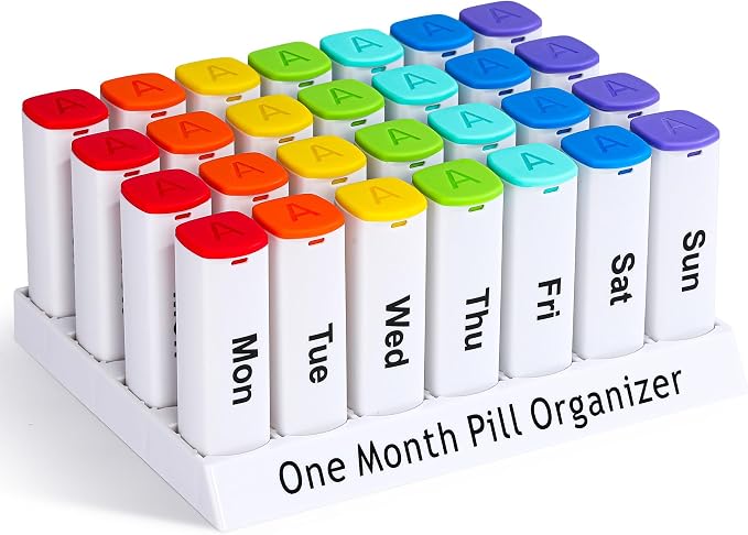 CAidRE 4 Week Medication Organizer, White Large Pill Case 2 Times a Day | Monthly AM PM Dispenser with Moisture Proof Seal for Supplements, Portable Daily Pods, Minimalist Look for Easy Reading
