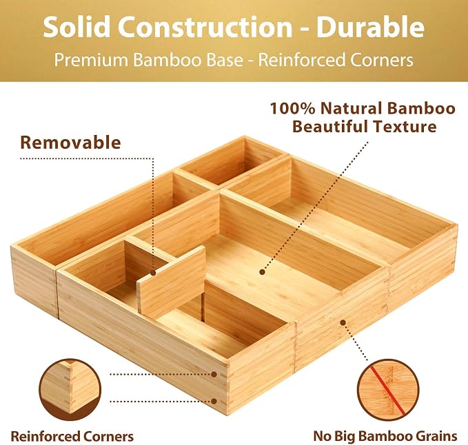 Drawer Organizer Storage Boxes, 2.5" High Bamboo Drawer Dividers, 5 Rearrangeable Bins for Kitchen, Office Desktop, Clothing, Makeup, vanity, Jewelry