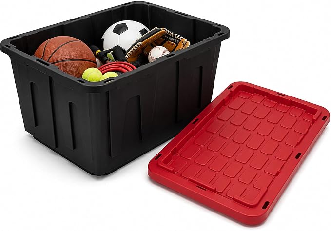 27 Gallon Storage Bins with Lids, Heavy Duty Plastic Stackable Totes | High-impact polypropylene construction resists dents and stains. Features lockable lid channels and integrated grip handles.