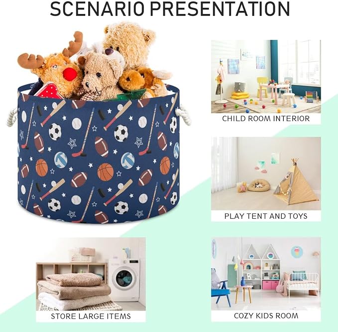 Sport Ball Print Collapsible Round Storage Basket with Handles | Baseball Basketball Large Laundry Baskets Hamper, Organizer Bin for Nursery Bedroom Living Room Decor, 20x 20x 14 Inches