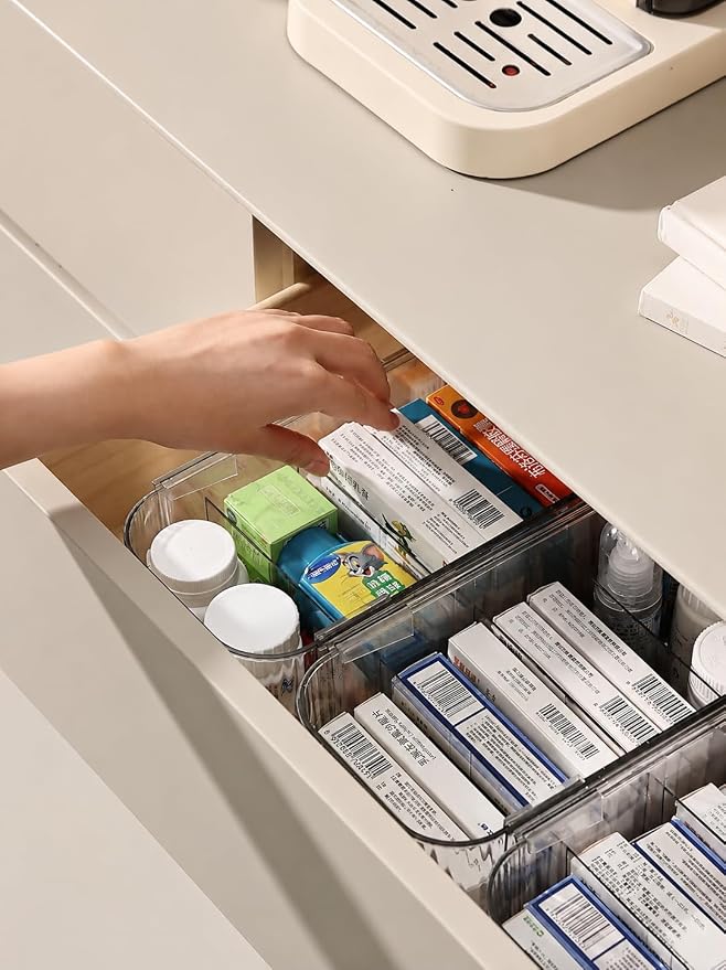 2-Pack Clear Expandable Drawer Organizer Bins, Fluted Plastic Pantry Storage and Organization Bins for Deep Kitchen Cupboard, Fridge, Bathroom, Sauce Packet Holder