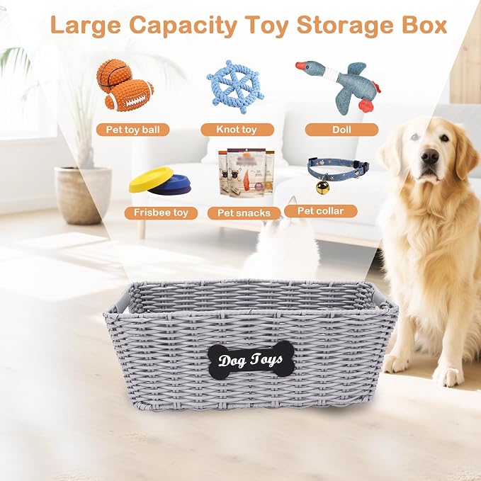 Dog Toy Basket, 2pcs Dogs Toy Bin,Dog Toy Box for Living Room Area, Handmade Poly Wicker Baskets for Pet Toys Blanket Collar Snack-Grey ﻿