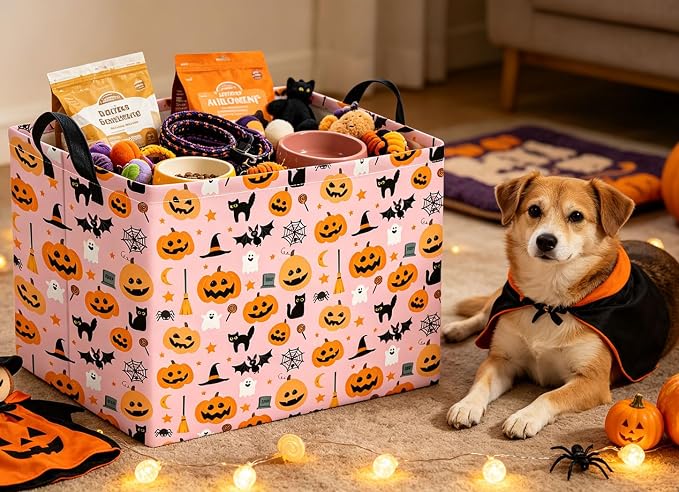 Rectangle Storage Basket with Handles,Collapsible Storage Bin,Books Box,Gift Basket(Pink Cat Halloween)