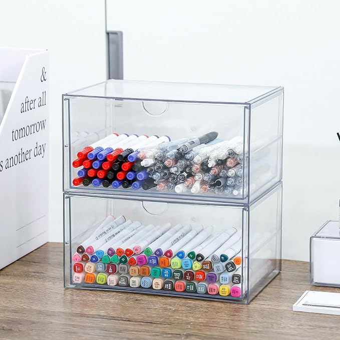 Clear Plastic Drawer Organizer, 2 Pack, 2 Drawers | Stackable, For Office Supplies, For Marker Pen, For Art Crafts & Stationery, For Coffee Pods