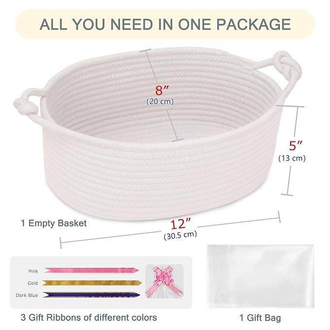 COMSE Small Gift Basket Empty with Bag & Ribbons, Solid White | Cotton Rope, 12"x 8"x 5", Pet Toy Storage Organizer, Woven Basket for Birthdays, Baby Showers, Mother’s Day, Valentine’s Day